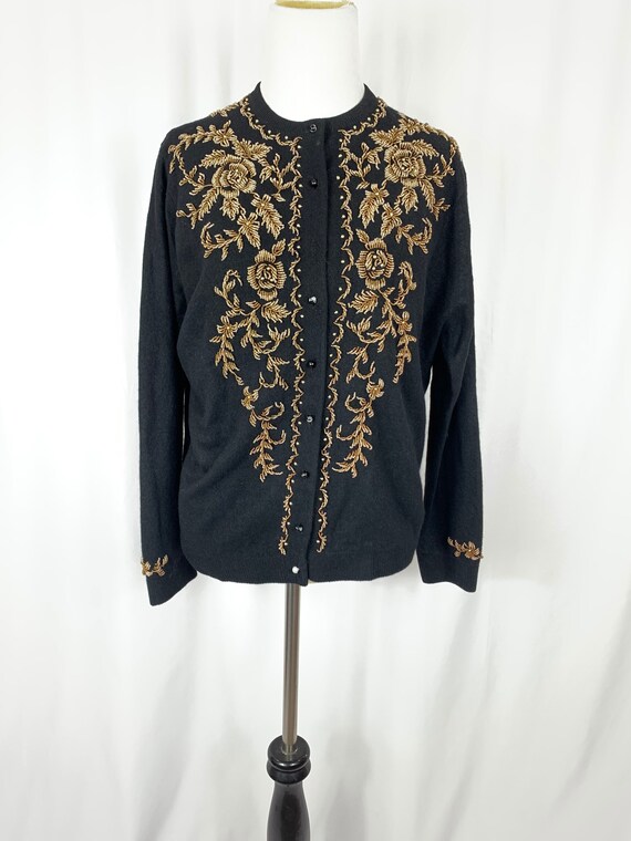 Vintage Black Knit Cardigan with Gold Beads