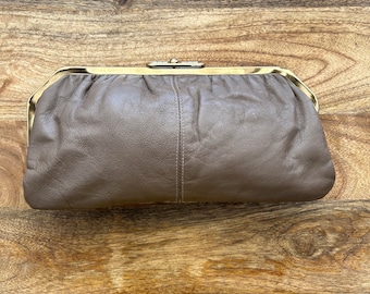 Brown Leather Clamshell Clutch