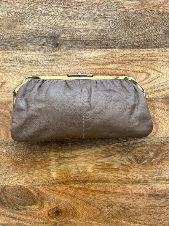 Brown Leather Clamshell Clutch