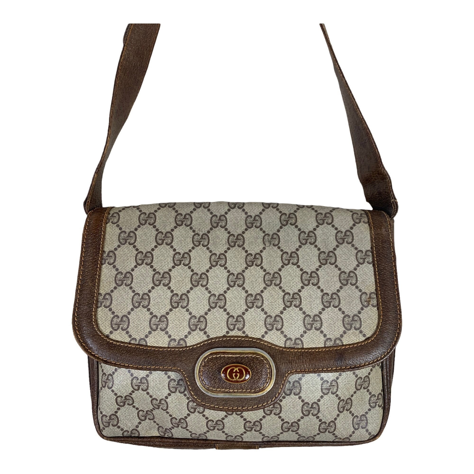 Vintage Gucci Double G Signature Crossbody Bag Browns Fabric