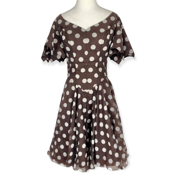 60's Bat Wing Brown Polka Dot Fit and Flare Dress - image 2