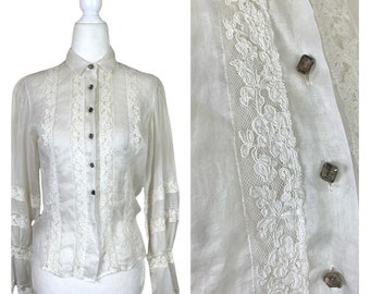 40’s Sheer White Lace Blouse with Rhinestone Buttons S