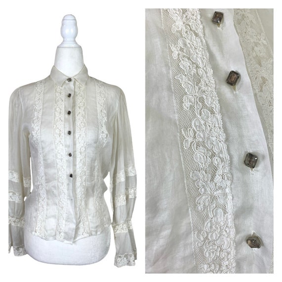 40’s Sheer White Lace Blouse with Rhinestone Butt… - image 1