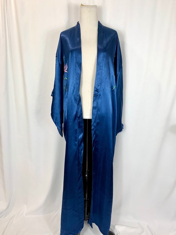Vintage Navy Embroidered Satin Robe