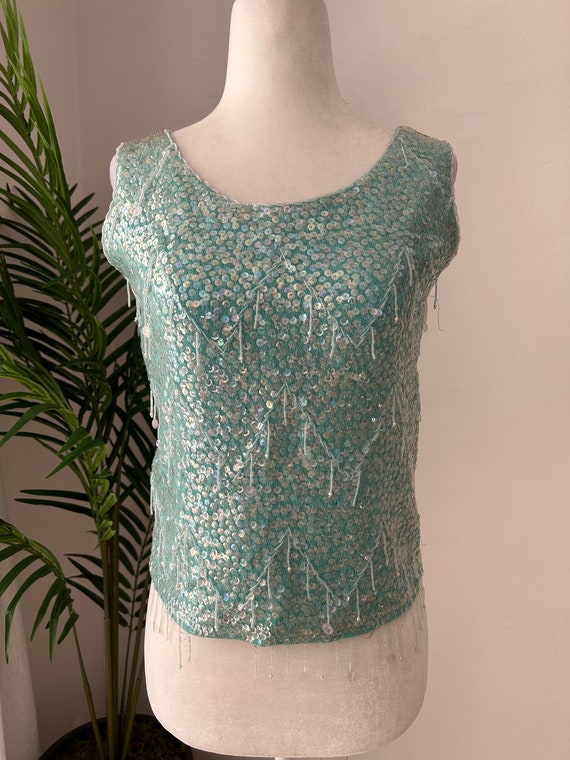 50's Blue Beaded Sequin Knit Shell - image 2
