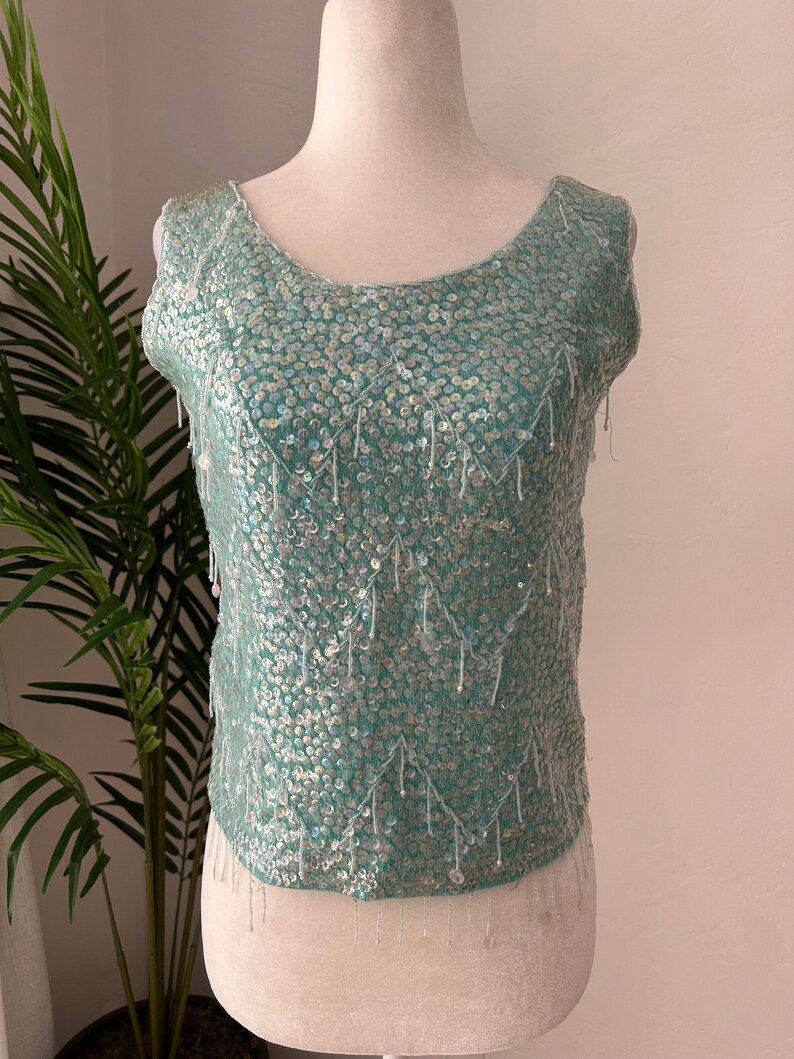 50's Blue Beaded Sequin Knit Shell image 2