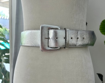 Roller belt silver × gray Vintage Light Silver Grey Genuine Leather Belt 36-40
