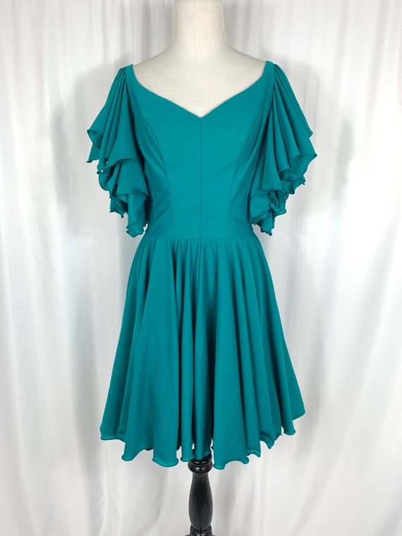 Vintage Teal Fit and Flare Ruffle Sleeve Dress