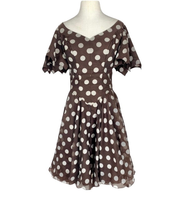 60's Bat Wing Brown Polka Dot Fit and Flare Dress - image 3