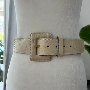 Cream Lizard Embossed Leather Belt