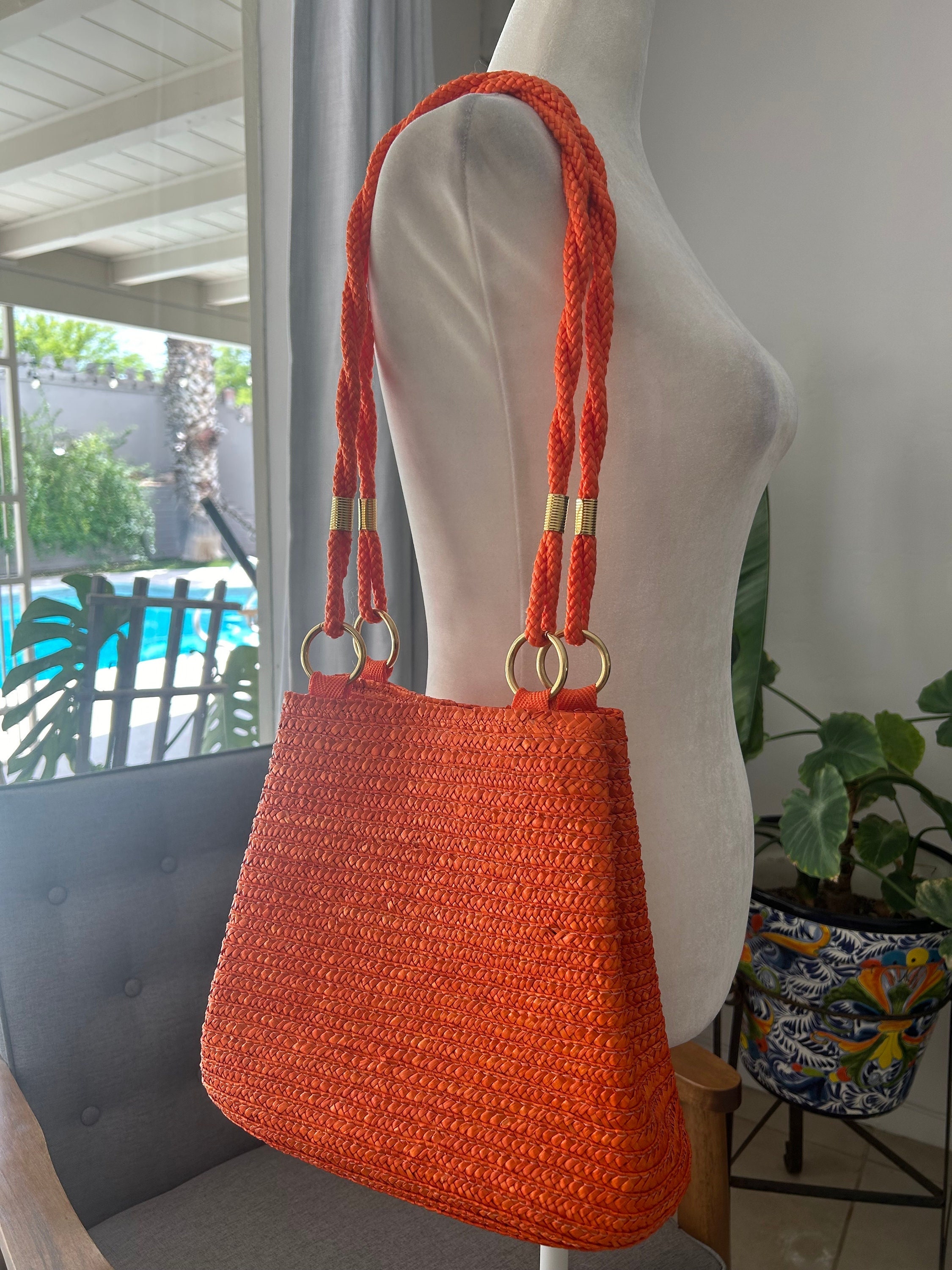 90's Orange Straw Tote Bag - Etsy