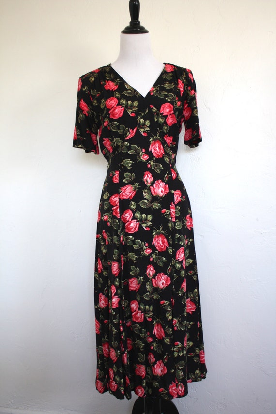 Vintage 90's Rose Print Midi Dress