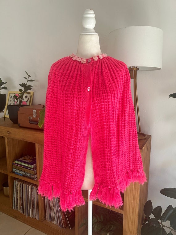 Neon Pink Knit Poncho w/floral trim