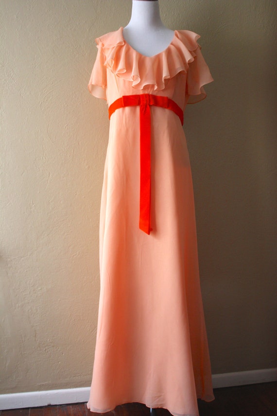 Vintage Peach Chiffon Ruffle Maxi Dress