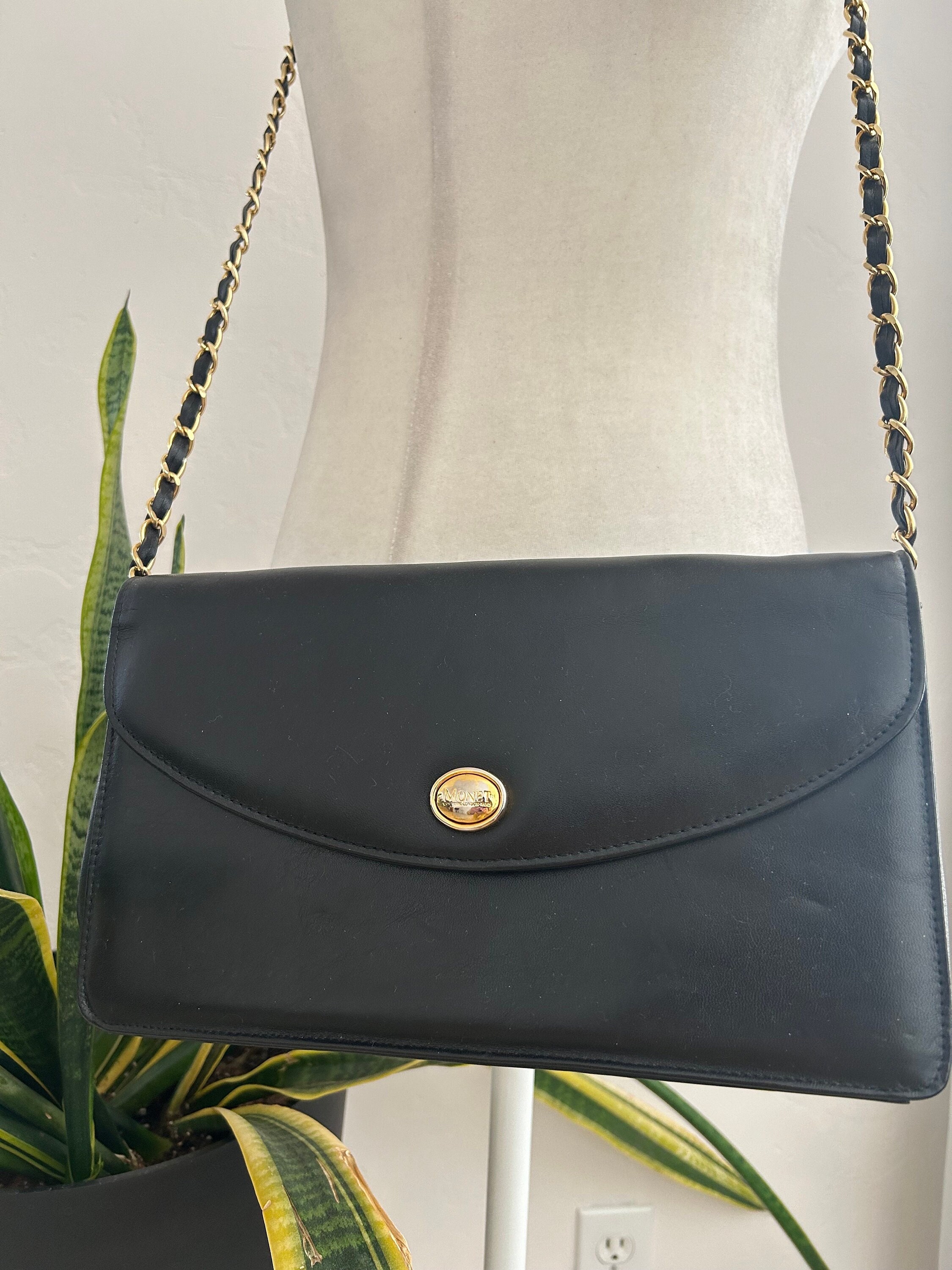 Sac Bandoulière En Cuir Noir Monet – Vintage, Occasion, Style Crossbody Avec Accents Dorés