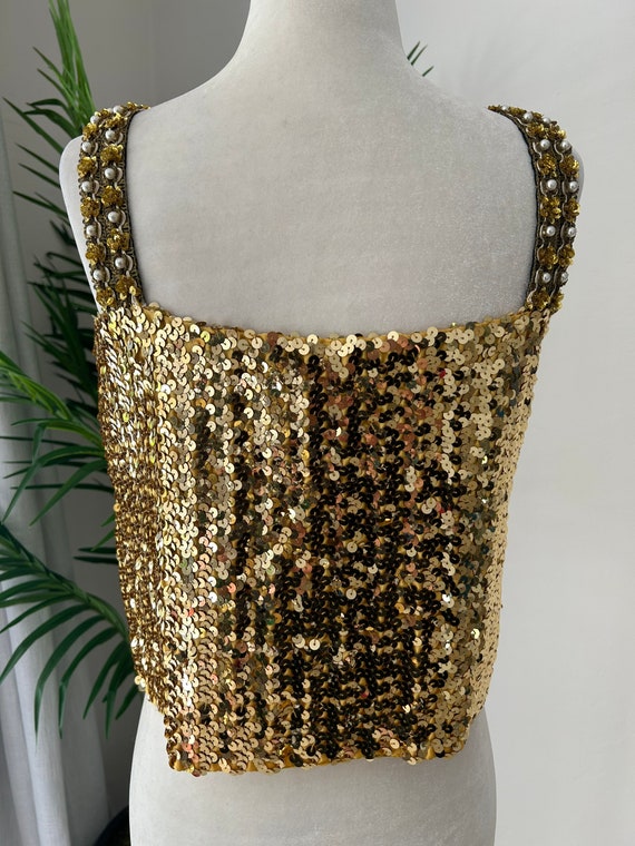 Vintage Gold Sequin Cropped Sleeveless Top - image 3