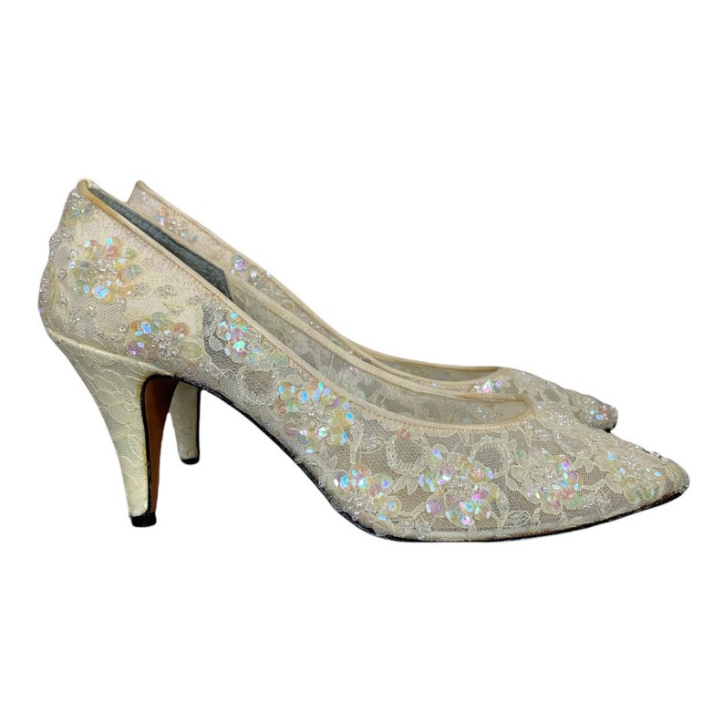 80's White Lace Beaded Sequin Heels 