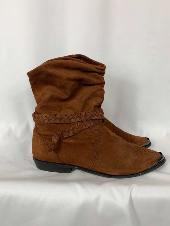 Vintage Chocolate Suede Cowboy Harness Ankle Boots