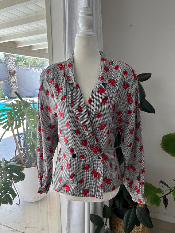 Houndstooth Rose Print Wrap Blouse - image 1