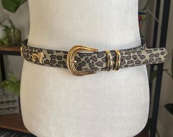 Vintage Omega Leopard Print Pig Suede Belt | 80s Gold Buckle  display picture 1