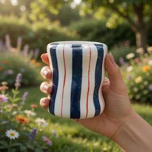 May include: A ceramic mug with a unique, curved shape. The mug features vertical stripes in navy blue, white, and red. The mug is held in a hand against a blurred background of a garden with flowers and greenery.