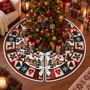 May include: A circular Christmas tree skirt featuring a quilted patchwork design with scenes of snow-covered houses, reindeer, pine trees, and snowflakes. The border includes red and green plaid squares, hearts, and two white satin ribbon bows.