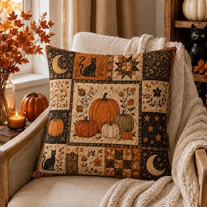 May include: A square throw pillow featuring a patchwork design with autumn-themed illustrations. The pattern includes black cats, crescent moons, stars, floral motifs, and a central panel displaying a collection of orange, green, and white pumpkins.