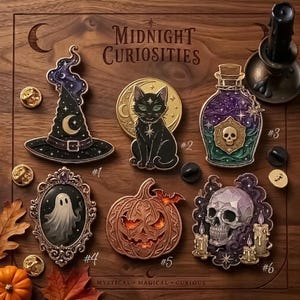 May include: A collection of six enamel pins labeled Midnight Curiosities, featuring a witch hat, a black cat, a potion bottle with a skull, a ghost in an ornate frame, a carved pumpkin, and a skull with candles, all with metal pin backings.