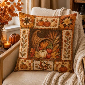 May include: A square throw pillow featuring a patchwork design with autumn themes. The center panel displays a cornucopia filled with pumpkins, gourds, apples, and wheat. Border panels include sunflowers, star patterns, and individual pumpkins.