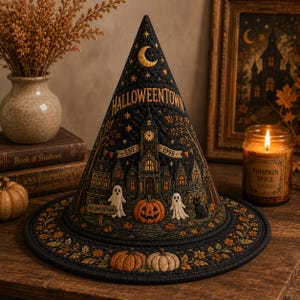 May include: A black quilted witch hat featuring an embroidered Halloweentown clock tower, a crescent moon, stars, ghosts, a black cat, and pumpkins. The text HALLOWEENTOWN and EST. 1998 are stitched on the front. The brim is decorated with autumn leaves.