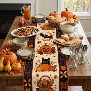 May include: A rectangular fabric table runner featuring a cream-colored center panel with printed illustrations of a black cat, pumpkins, a bat, a crescent moon, and a basket of autumn flowers, bordered by black and orange plaid fabric strips.