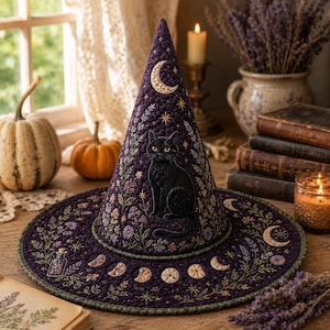 May include: A dark purple quilted witch hat featuring an embroidered black cat sitting among lavender sprigs and wildflowers. The design includes a crescent moon, stars, and a lunar cycle phase pattern along the brim, finished with a small bottle icon.