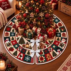 May include: A circular Christmas tree skirt featuring a patchwork design of red, green, and cream squares. The pattern includes illustrations of snowmen, gingerbread men, squirrels, cardinals, poinsettias, trees, and snowflakes. Two white bows secure the opening.
