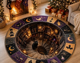 May include: A round area rug featuring a 3D optical illusion of a spiral stone staircase descending into a library. The border displays purple and gold panels with illustrations of a black cat, crescent moons, lanterns, a pumpkin, and a bat.