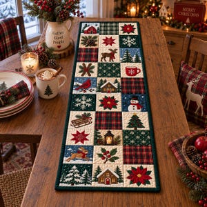 May include: A rectangular quilted table runner featuring a grid of squares with various holiday-themed illustrations including a red barn, a reindeer, a snowman, poinsettias, pine trees, snowflakes, a cardinal, a sled, and red plaid patterns.