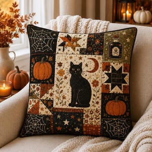 May include: A square throw pillow featuring a patchwork design with a central black cat, a crescent moon, and floral motifs. The surrounding blocks display orange pumpkins, white spiderwebs on black backgrounds, stars, and a potion bottle icon.