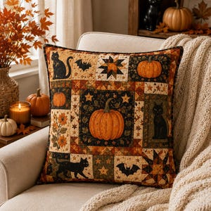 May include: A square throw pillow featuring a patchwork design with autumn-themed motifs including orange pumpkins, black cats, bats, and star patterns in shades of brown, green, orange, and cream, finished with a dark brown piped edge.