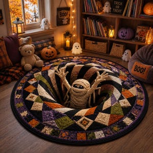 May include: A round area rug featuring a 3D optical illusion of a deep hole with a central mummy character reaching upward. The rug has a quilted patchwork pattern in black, orange, purple, and green, with a dark border and stitched fabric texture.