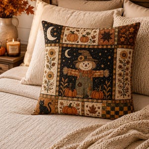 May include: A square decorative pillow featuring a patchwork design with a central scarecrow illustration surrounded by pumpkins, sunflowers, a black cat, and a crescent moon. The color palette includes shades of orange, brown, black, and cream.