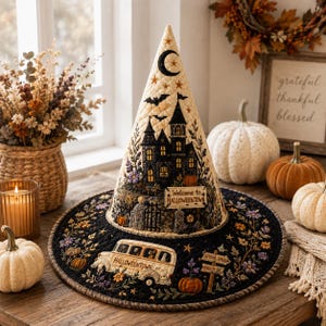May include: A quilted witch hat featuring a cream-colored cone with a black haunted house, bats, and a crescent moon. The wide black brim displays a white bus labeled HALLOWEENTOWN, a sign reading Welcome to HALLOWEENTOWN, and floral accents.