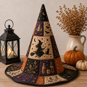 May include: A conical witch hat featuring a quilted patchwork design in shades of black, purple, and orange. The fabric displays printed motifs of a witch on a broomstick, a black cat, potion bottles, bats, spiderwebs, and celestial stars.