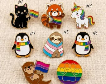 Cute Rainbow Animal Acrylic Pin, LGBTQ Pride Accessory, Kawaii Cat Otter Penguin Badge, Nonbinary Gift, Party Favor