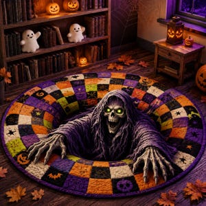 May include: A round rug featuring a checkered pattern in purple, orange, black, and white with Halloween motifs. A three-dimensional illustration of a skeleton with glowing green eyes and a purple hooded robe emerges from the center of the rug.