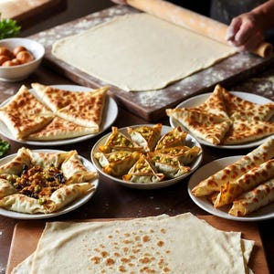 Puede incluir: Una variedad de pasteles y panes planos recién preparados se disponen en platos y tablas de madera. Una persona está extendiendo masa con un rodillo. Los platos incluyen pasteles triangulares, empanadillas rellenas y panes planos enrollados.