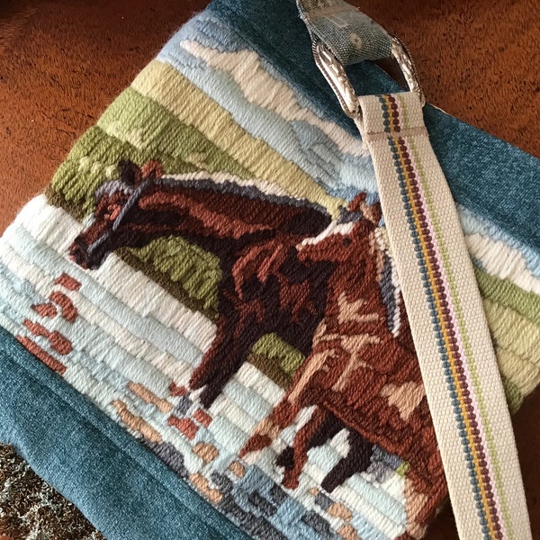 Horse Tapestry Purse, Cross Over Repurposed Vintage Bag,Horse Purse,Vintage Crewel Bag,Horse Carpet Bag, BOHO bag,