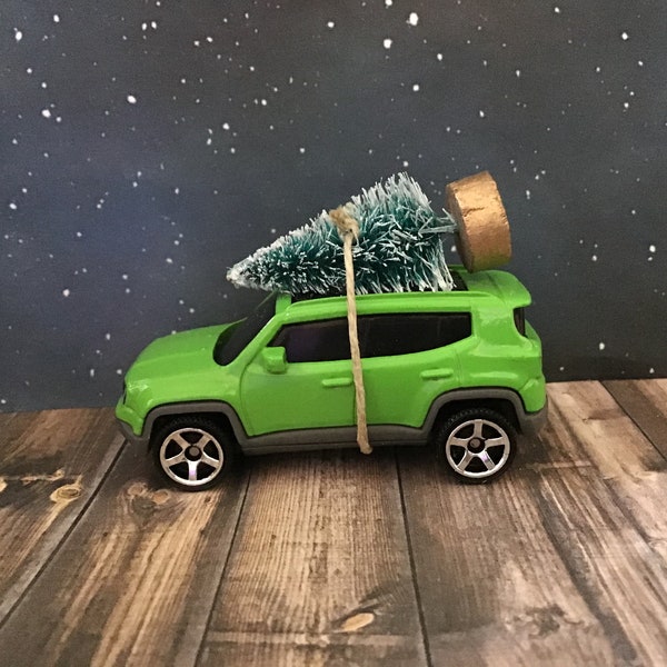 Jeep Renegade Carrying Christmas Tree,  Green Jeep Renegade Christmas ornament, Stocking StufferCar Christmas Tree Ornament