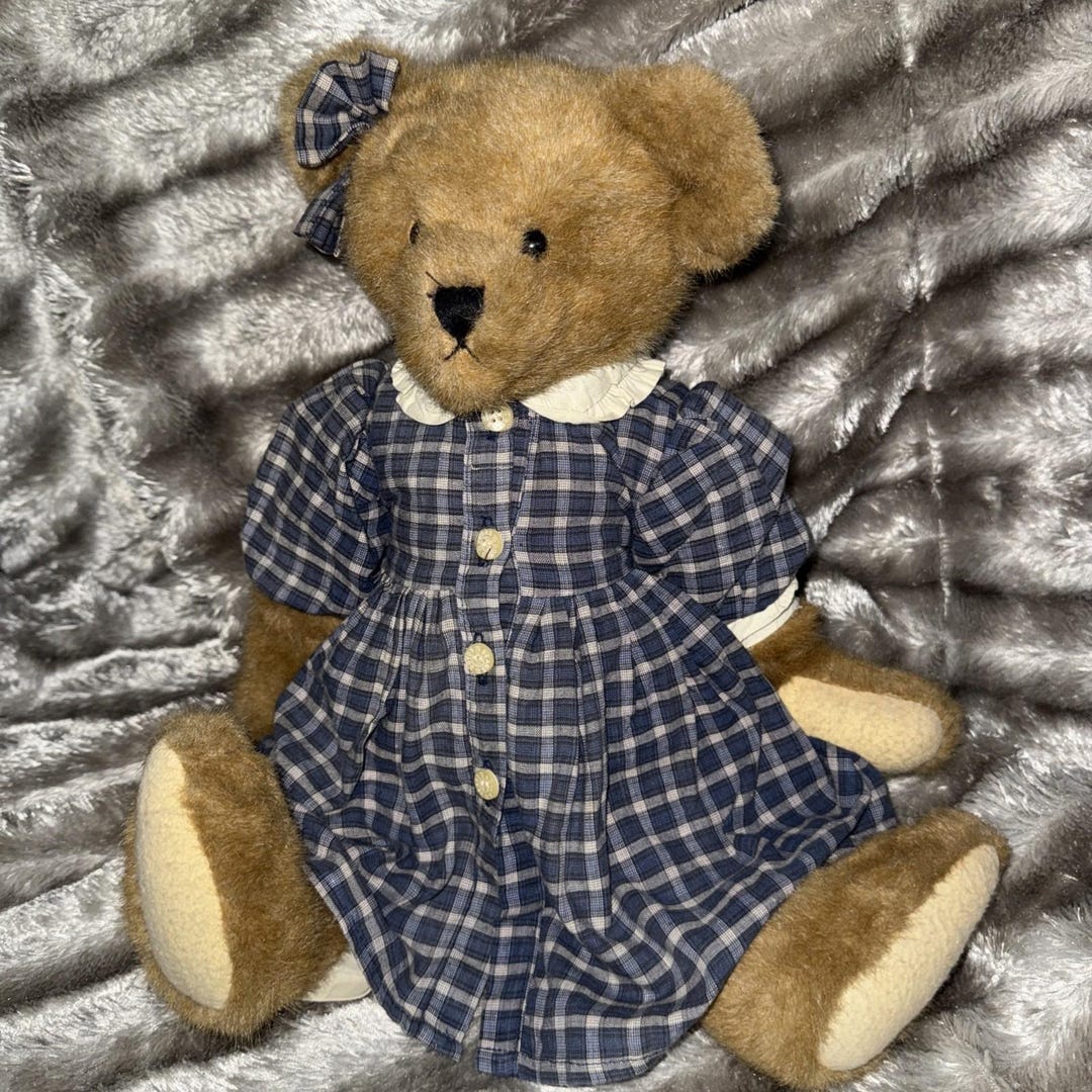 Boyds Bears Courtney Brown Bear Plush Blue Plaid Dress Jointed Bow VTG ...