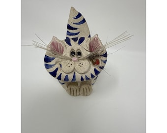 PENCE PETS Clay Cat Hand Sculpted Card Holder Blue Striped Signed 1992