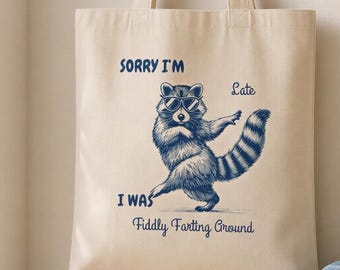 Funny Raccoon Tote, Blue Monochrome Carryall | Cotton Canvas | 15X16 | 20In Handles, Natural Option