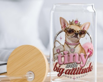 Trinkflasche aus Glas mit Chihuahua-Motiv, 473 ml (16 oz) durchsichtige Wasserflasche
